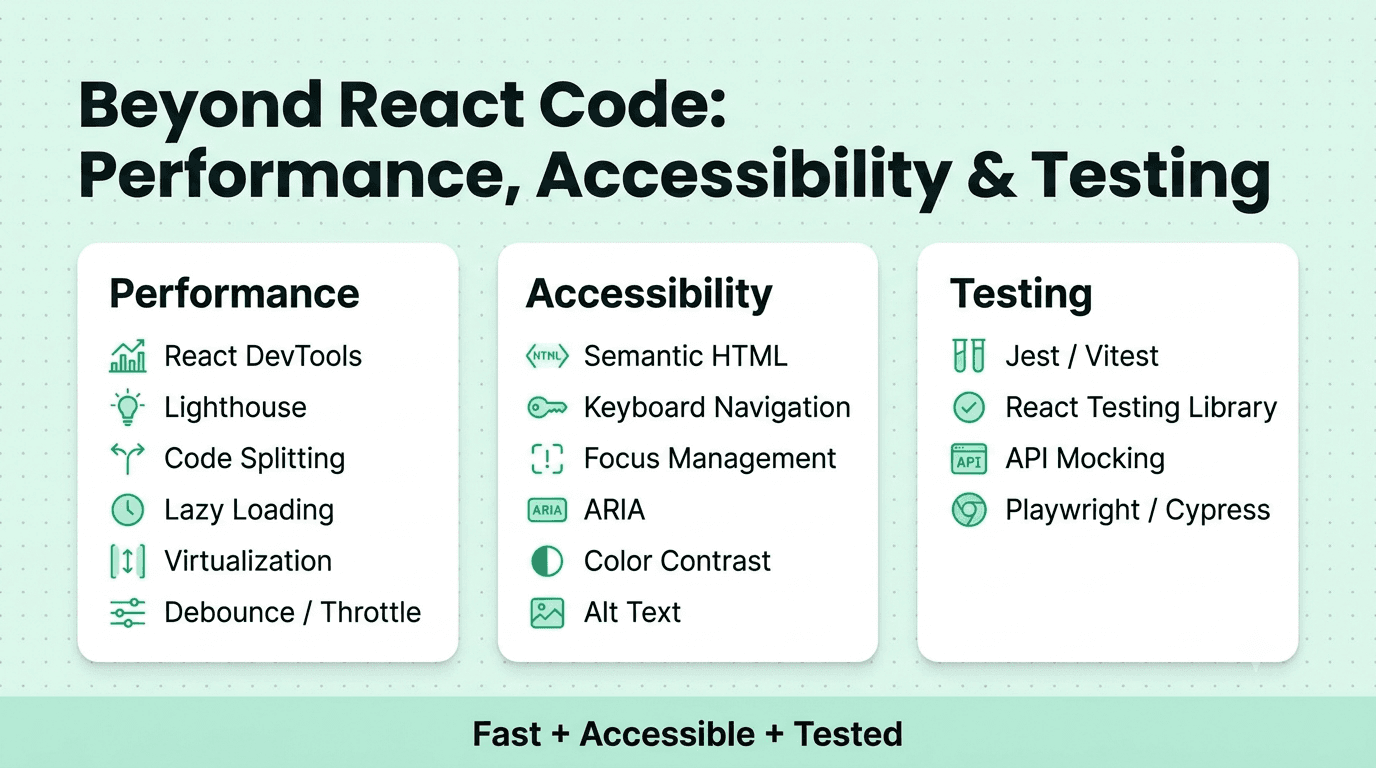 React developer quality skills covering performance optimization, accessibility, and testing.