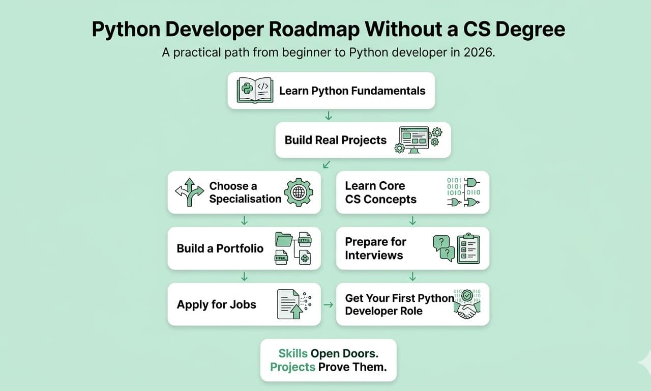 Python devloper roadmap without CS degree 
