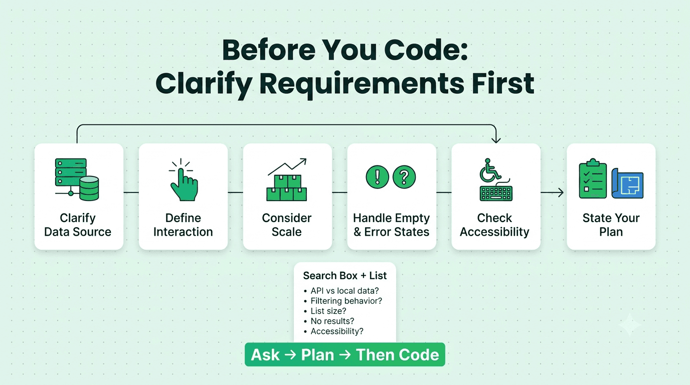 React interview coding preparation framework showing requirement clarification before implementation.