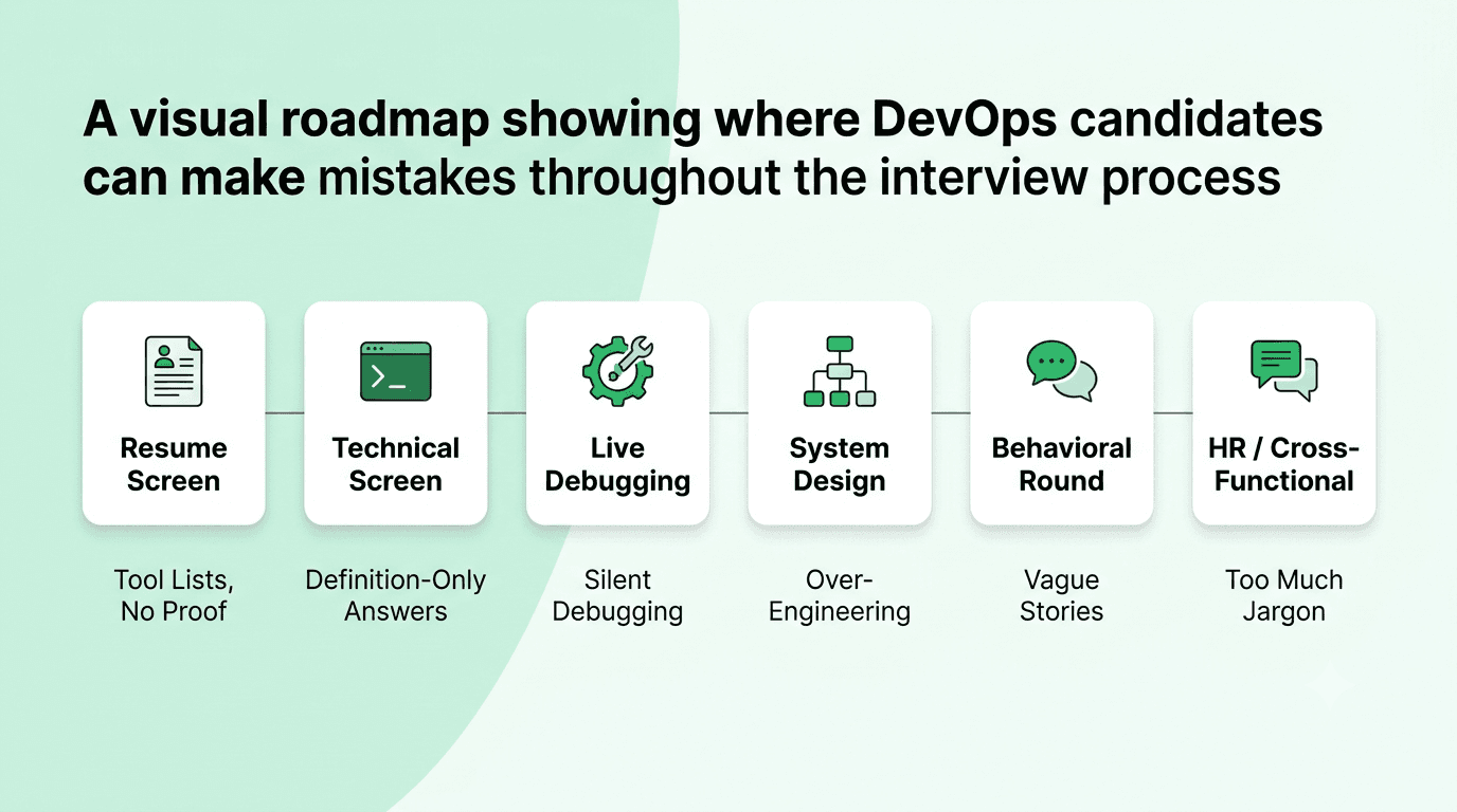 DevOps interview mistakes mapped across resume screening, technical, debugging, system design, behavioral, and cross-functional interview stages