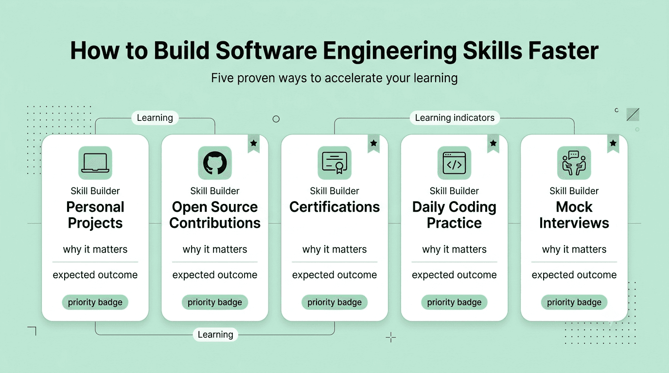 Software engineering skills checklist covering programming, DSA, databases, APIs, Git, cloud, testing, system design, communication, and resume readiness.