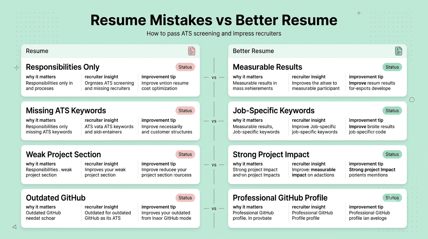 Comparison showing common software engineer resume mistakes versus recruiter-friendly resume improvements.