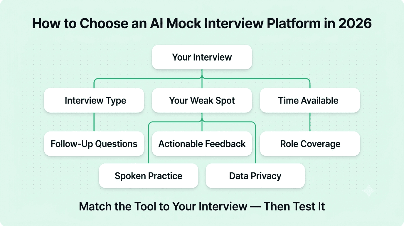 AI mock interview platform selection framework based on interview type, weak spot, time, feedback, role coverage, and privacy.