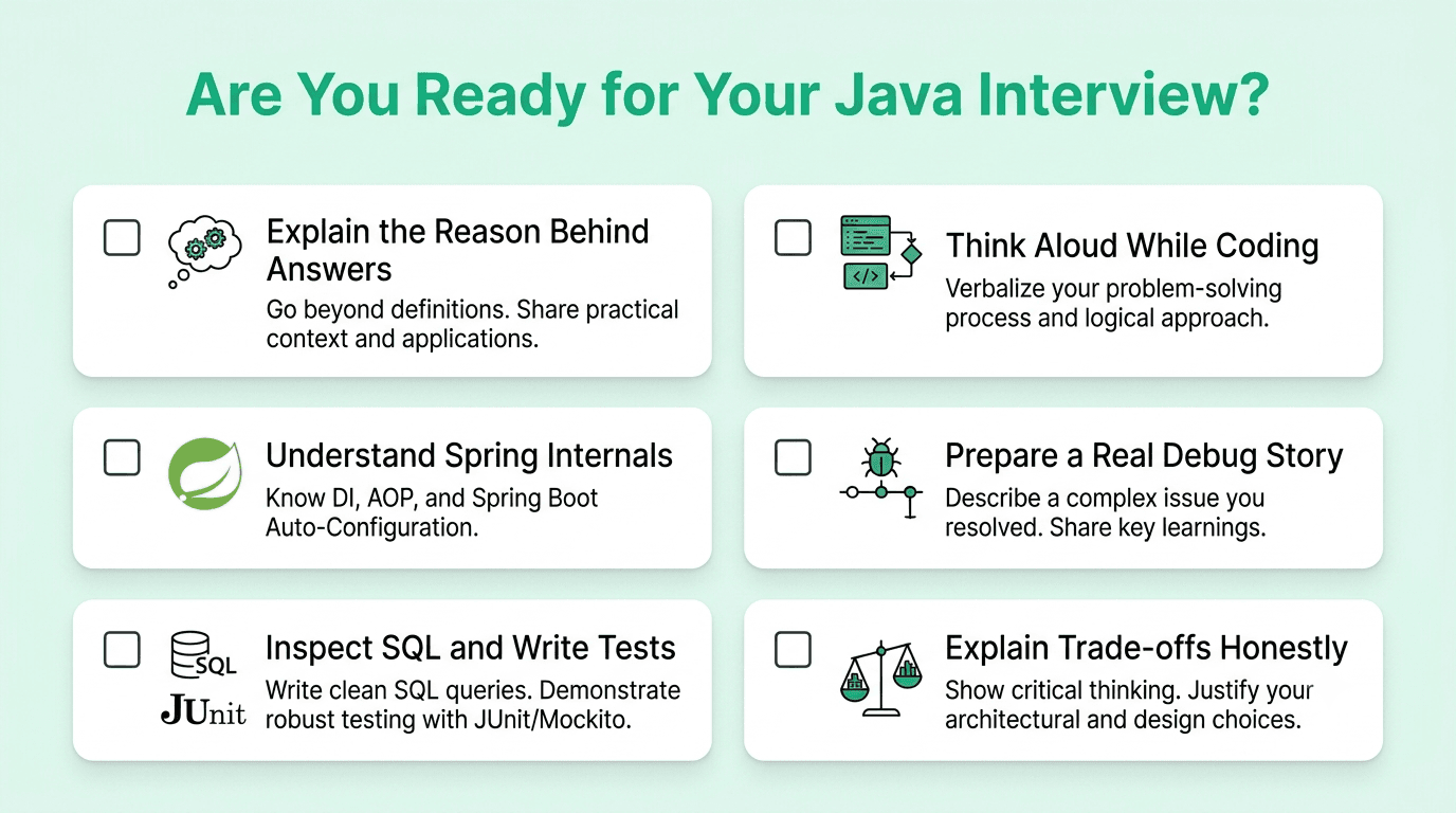 Java developer interview self-assessment checklist covering technical understanding, Spring, SQL, testing, coding communication, debugging, and design trade-offs.