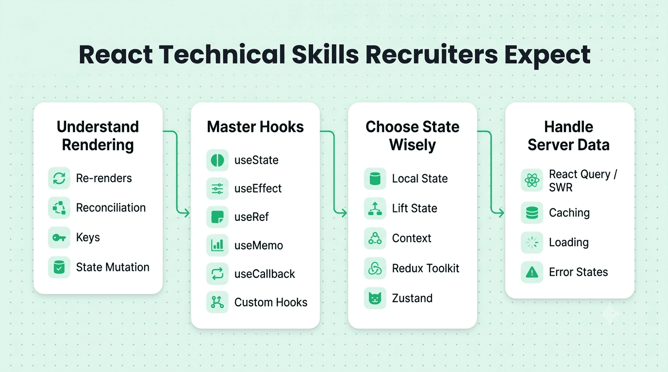 React developer technical skills covering rendering behavior, hooks, state management, and server data.
