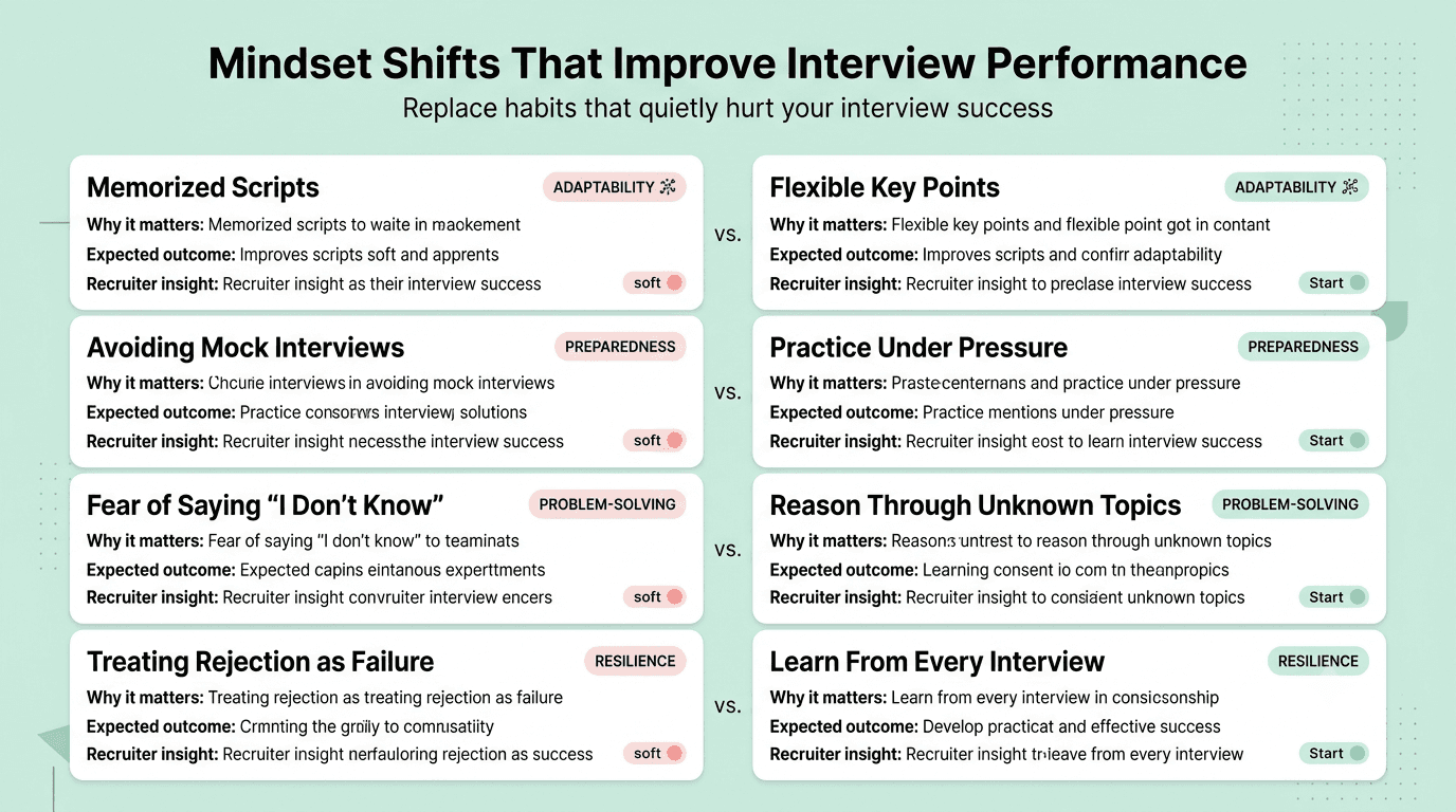Comparison showing negative interview mindsets versus high-performing candidate mindsets for software engineering interviews