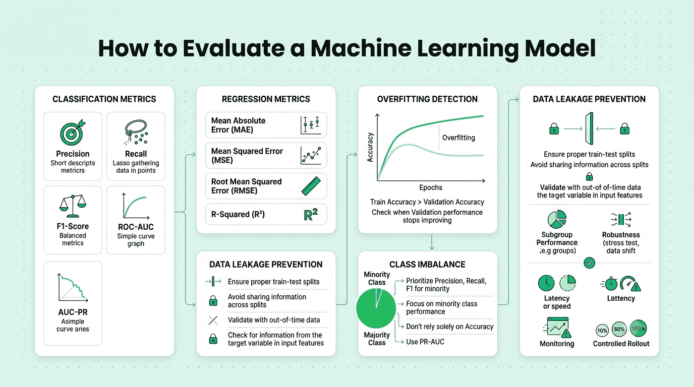 Machine learning model evaluation framework covering precision, recall, ROC AUC, regression metrics, overfitting, leakage, class imbalance, validation, and production readiness