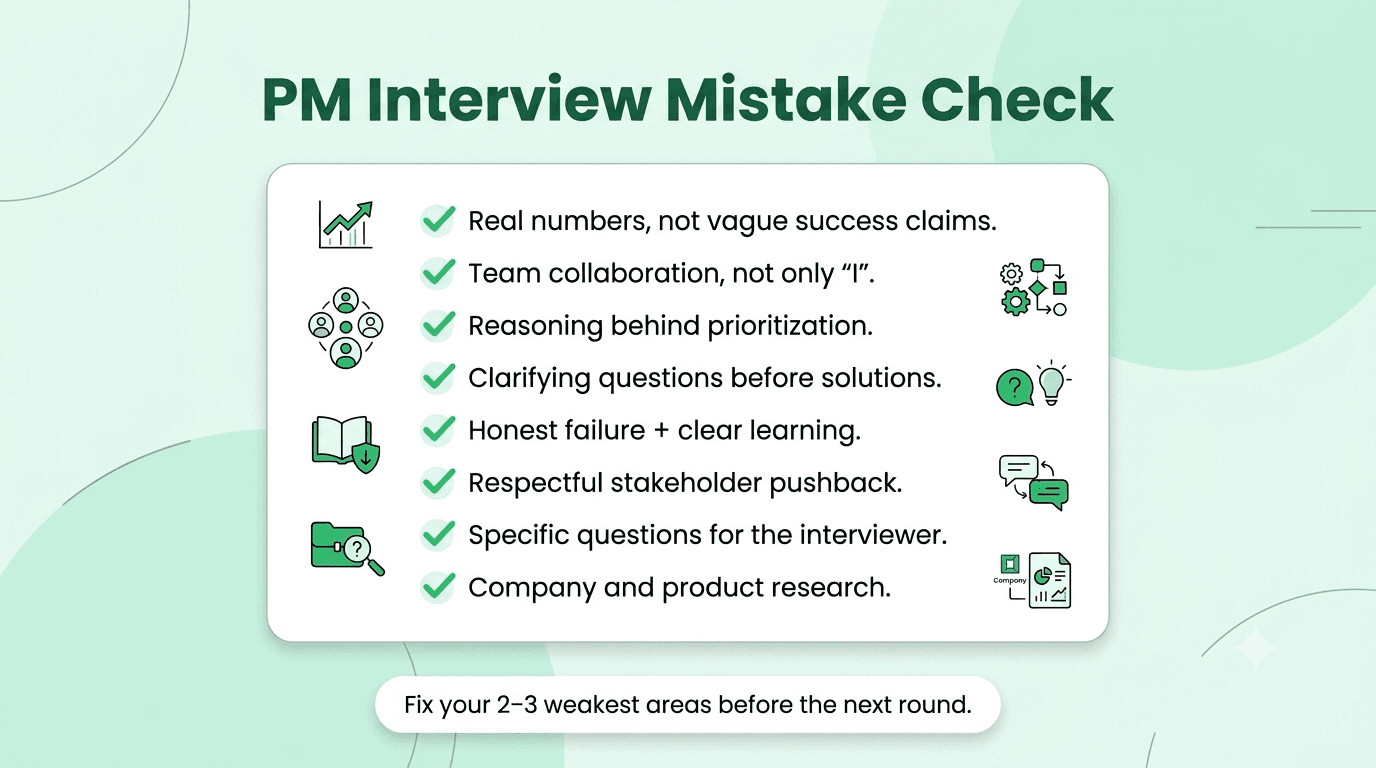 Product Manager interview self-checklist covering metrics, collaboration, prioritization, clarifying questions, failure, stakeholder management, research, and technical discussion.