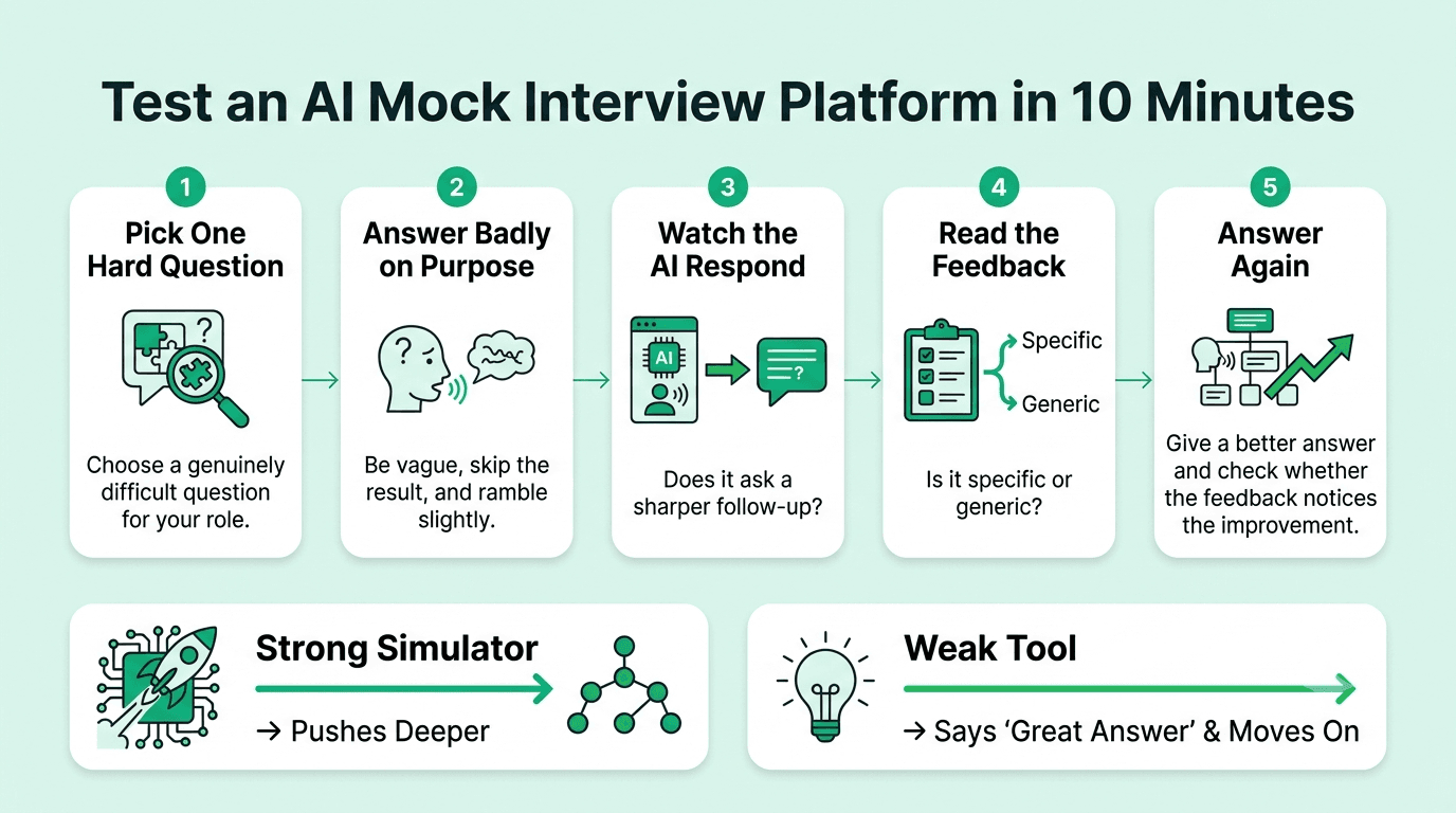 Ten-minute AI mock interview platform test showing a hard question, deliberately vague answer, follow-up, feedback review, and repeat answer.