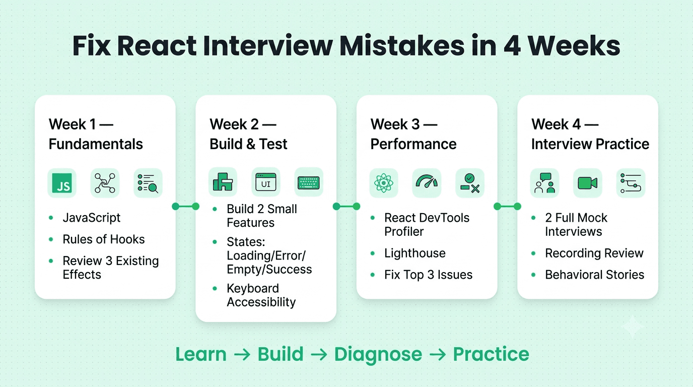 Four-week React interview improvement plan covering hooks, accessibility, performance profiling, mock interviews, and communication
