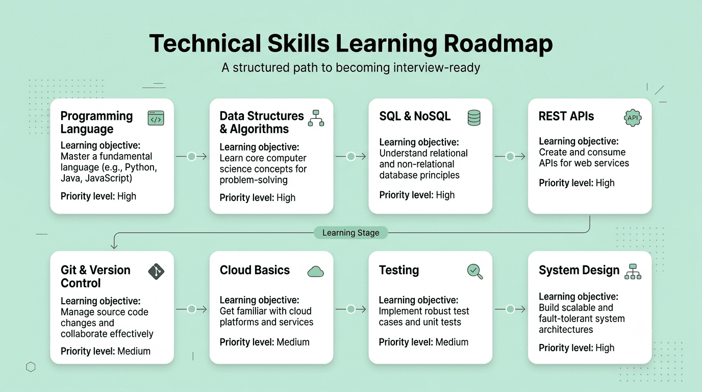 Software engineering technical skills roadmap from programming fundamentals to system design and cloud.