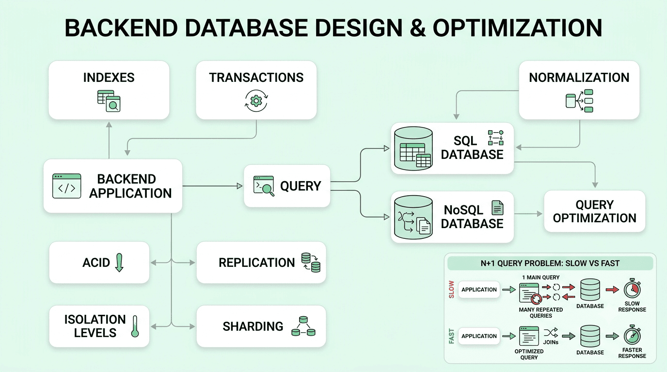 Backend database design showing SQL, NoSQL, indexing, replication, sharding, and query optimization