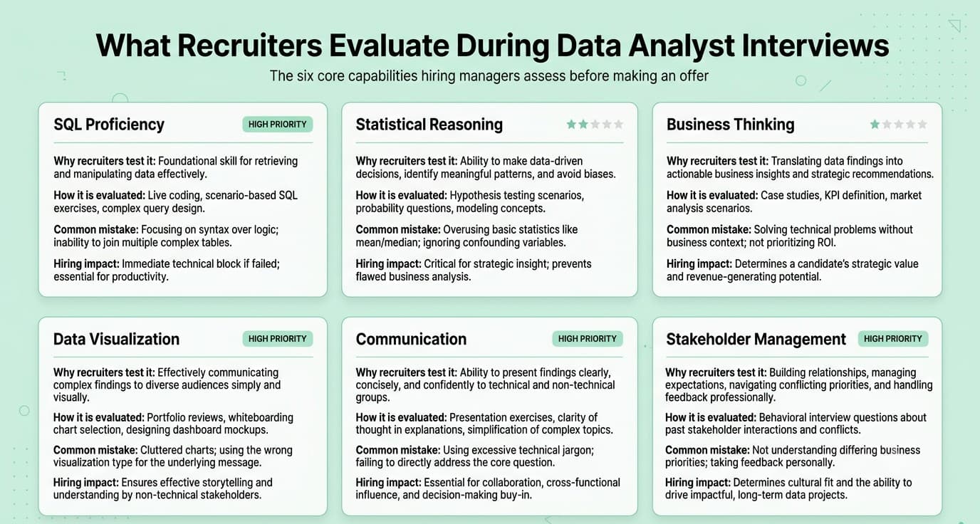 Recruiter evaluation framework for data analyst interviews.