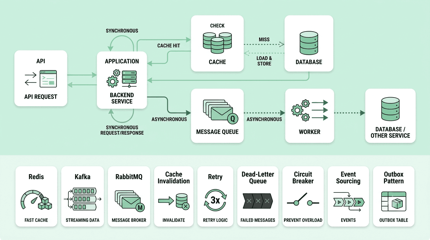 Backend caching and event-driven architecture with Redis, message queues, workers, retries, and dead-letter queues