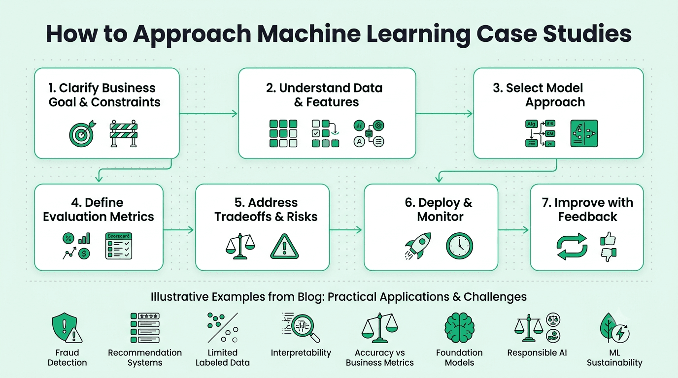Machine learning case study framework covering problem definition, data, model selection, evaluation, deployment, monitoring, and responsible AI