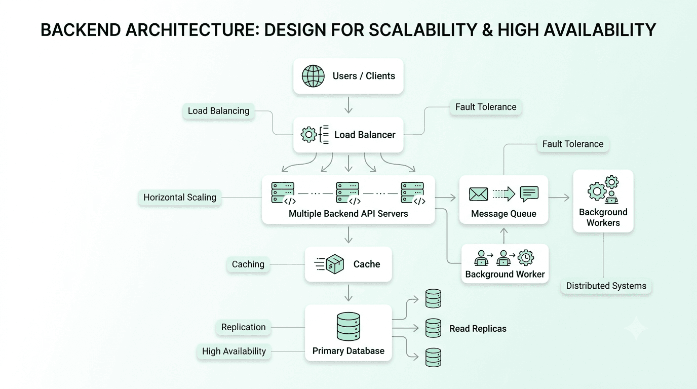 Scalable backend system architecture with load balancing, caching, database replicas, and message queues