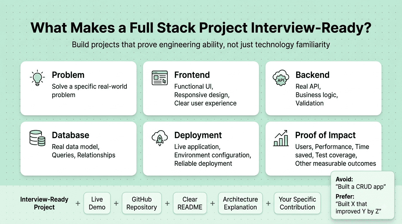Full Stack Developer portfolio project framework showing frontend, backend, database, deployment, impact metrics, and GitHub documentation.