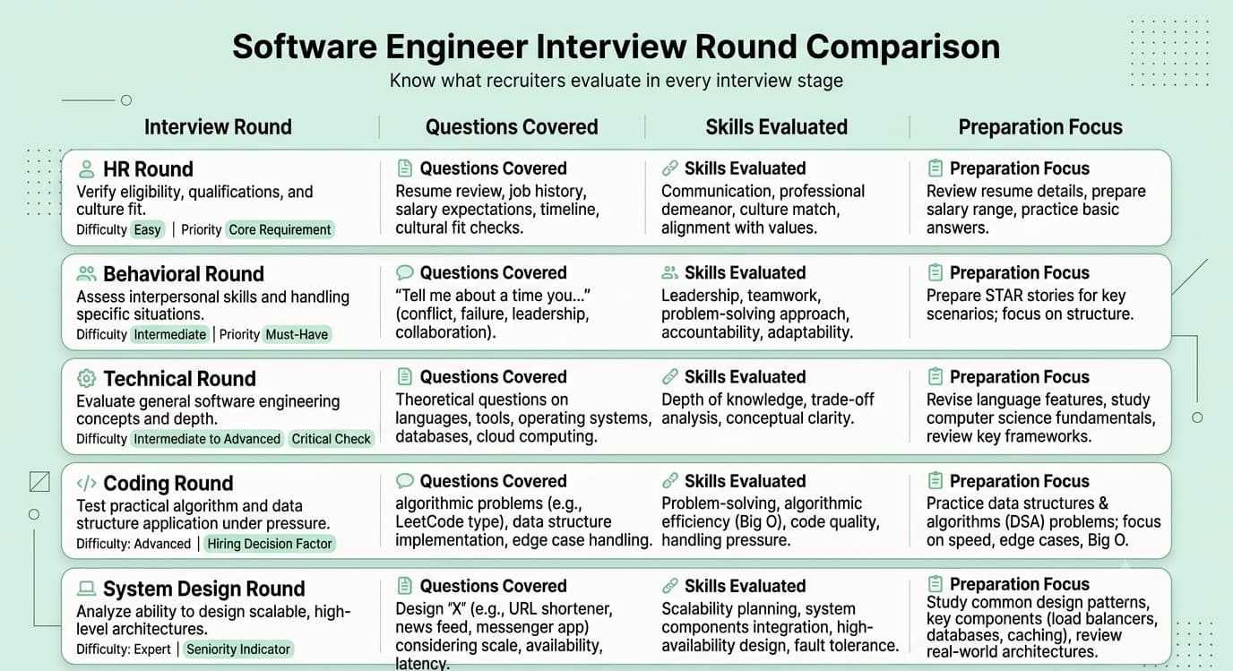 Comparison table of HR, behavioral, technical, coding and system design interview rounds with recruiter focus and preparation strategy.
