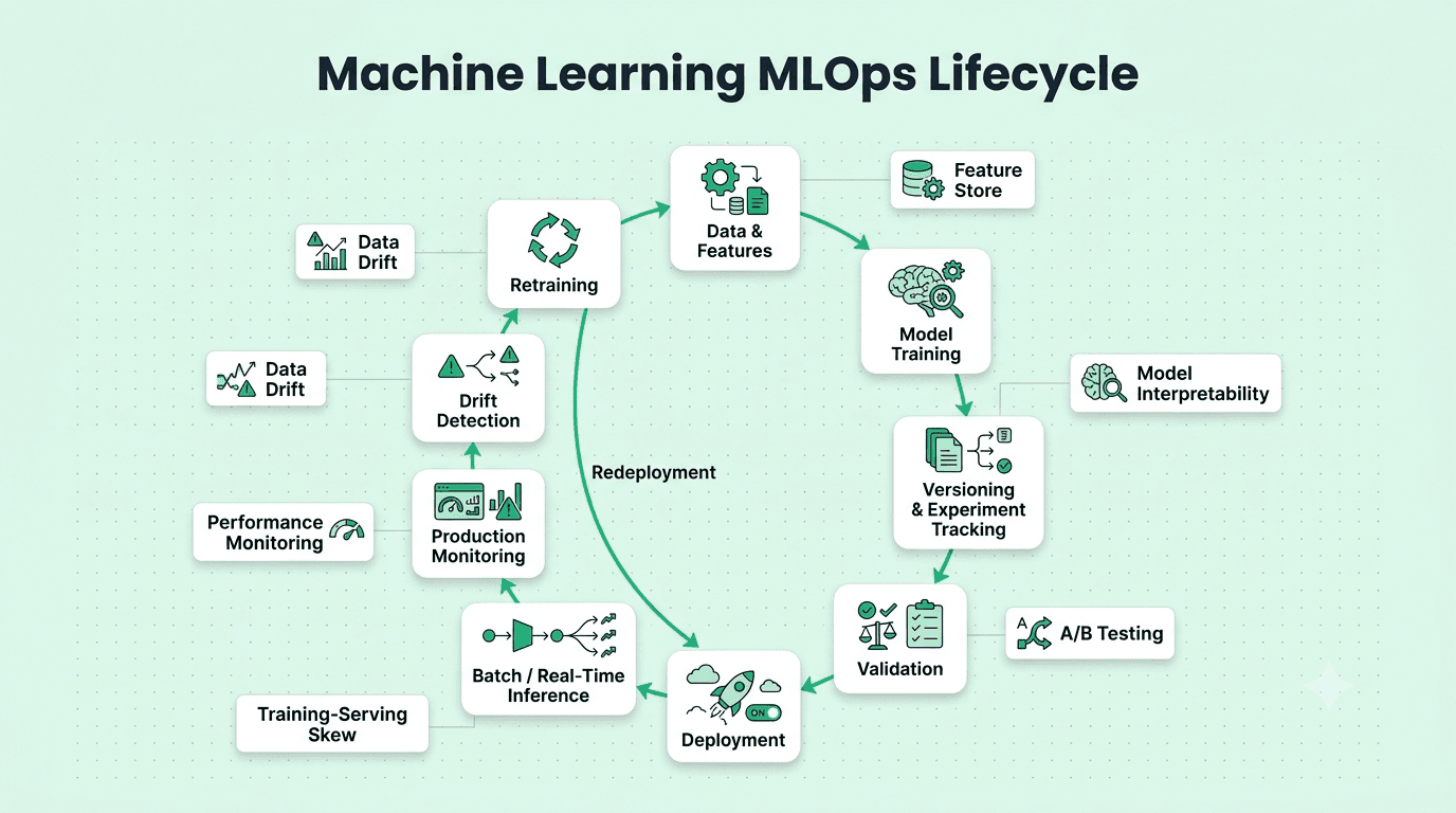 Machine learning MLOps lifecycle covering deployment, model drift, inference, feature stores, monitoring, A/B testing, interpretability, and versioning