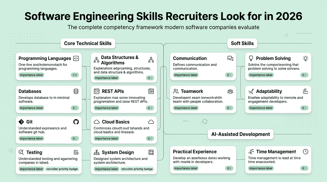 Software engineering skills framework showing technical skills, soft skills, AI-assisted development, and practical experience recruiters expect in 2026.