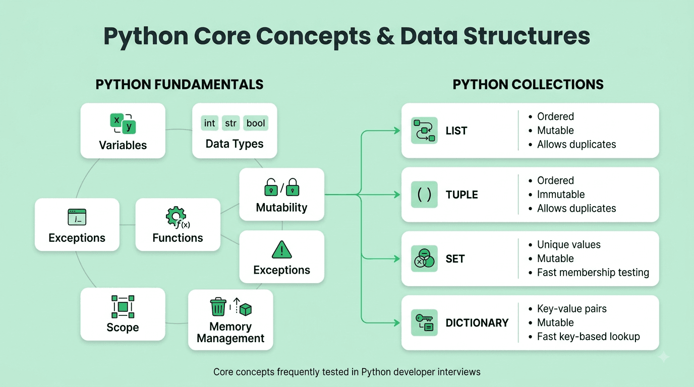 Python fundamentals interview questions covering variables, data types, functions, and exceptions