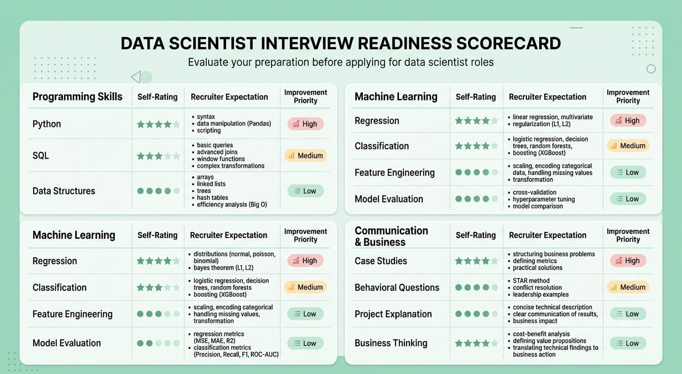 Self-assessment checklist to measure readiness for data scientist interviews.