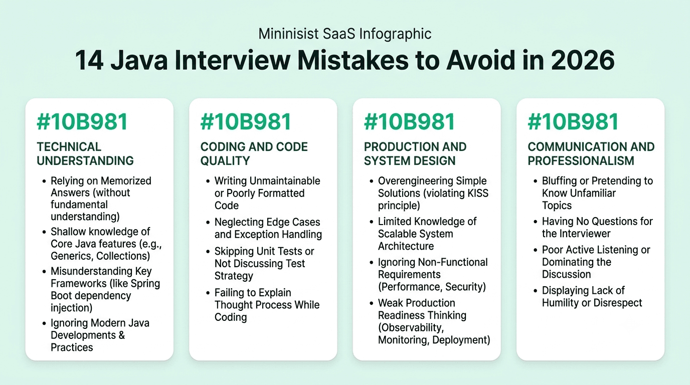Four categories of common Java developer interview mistakes covering technical understanding, coding practices, production readiness, and communication.