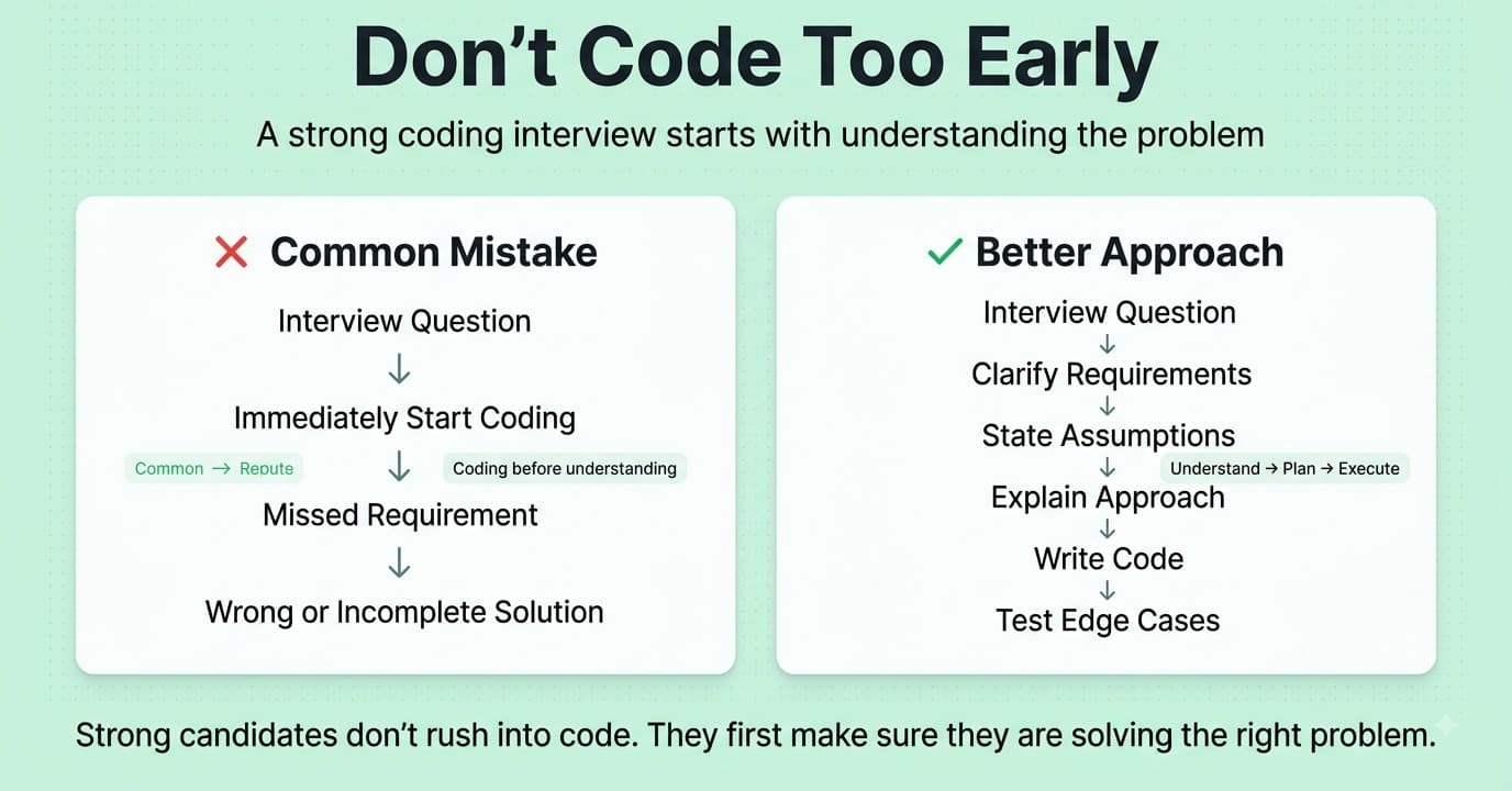 Full stack coding interview process showing clarify plan code and test steps