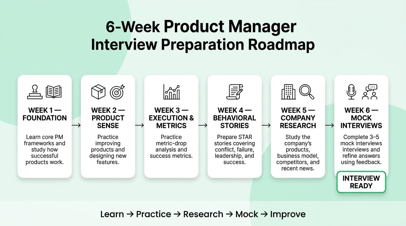 Six-week Product Manager interview preparation roadmap covering foundations, product sense, metrics, behavioral stories, company research, and mock interviews.