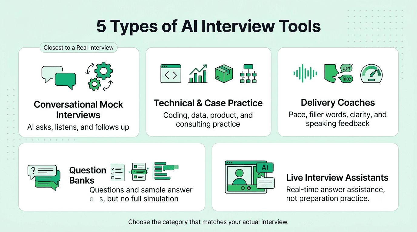 Five types of AI interview tools including conversational mock interviews, technical practice, delivery coaches, question banks, and live interview assistants.
