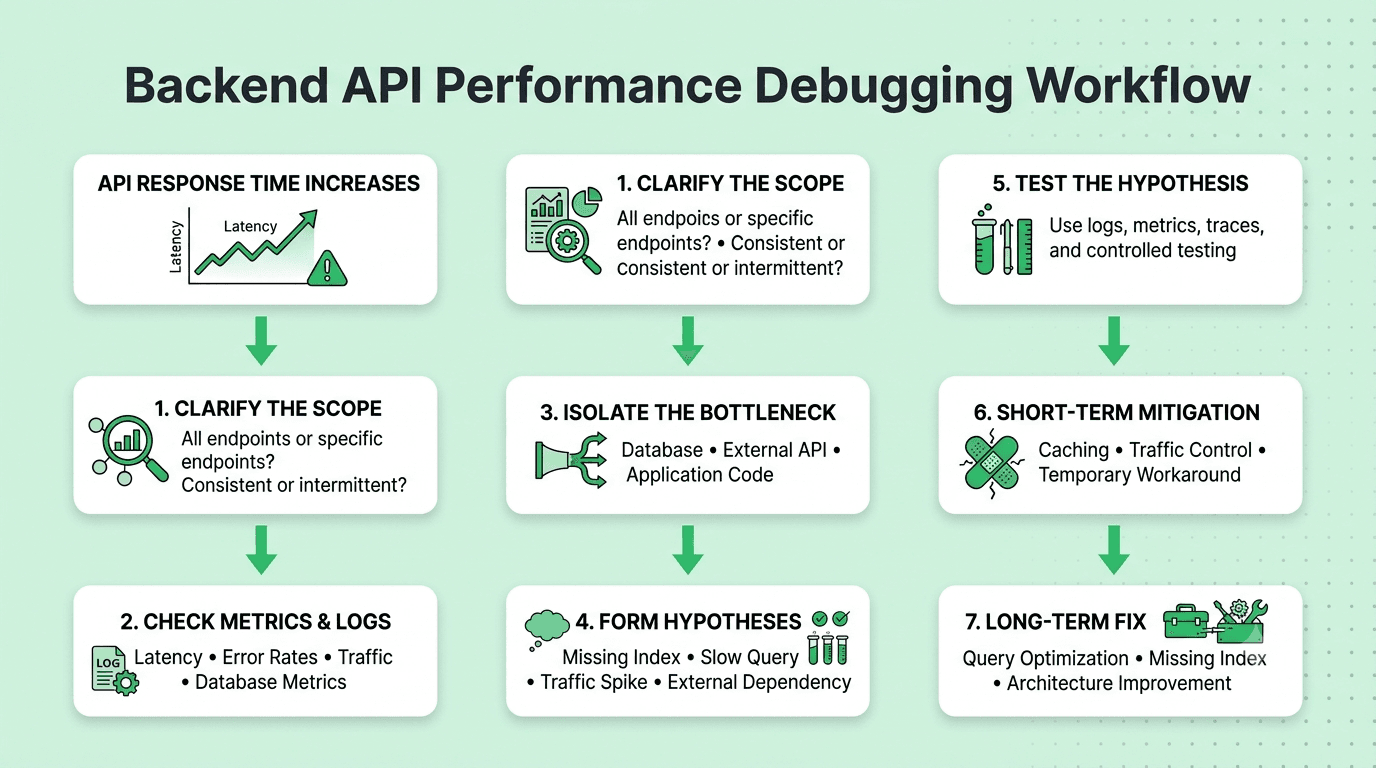 Backend API performance debugging framework showing scope clarification, deployment and traffic checks, logs and metrics, hypothesis testing, mitigation, and long-term fixes
