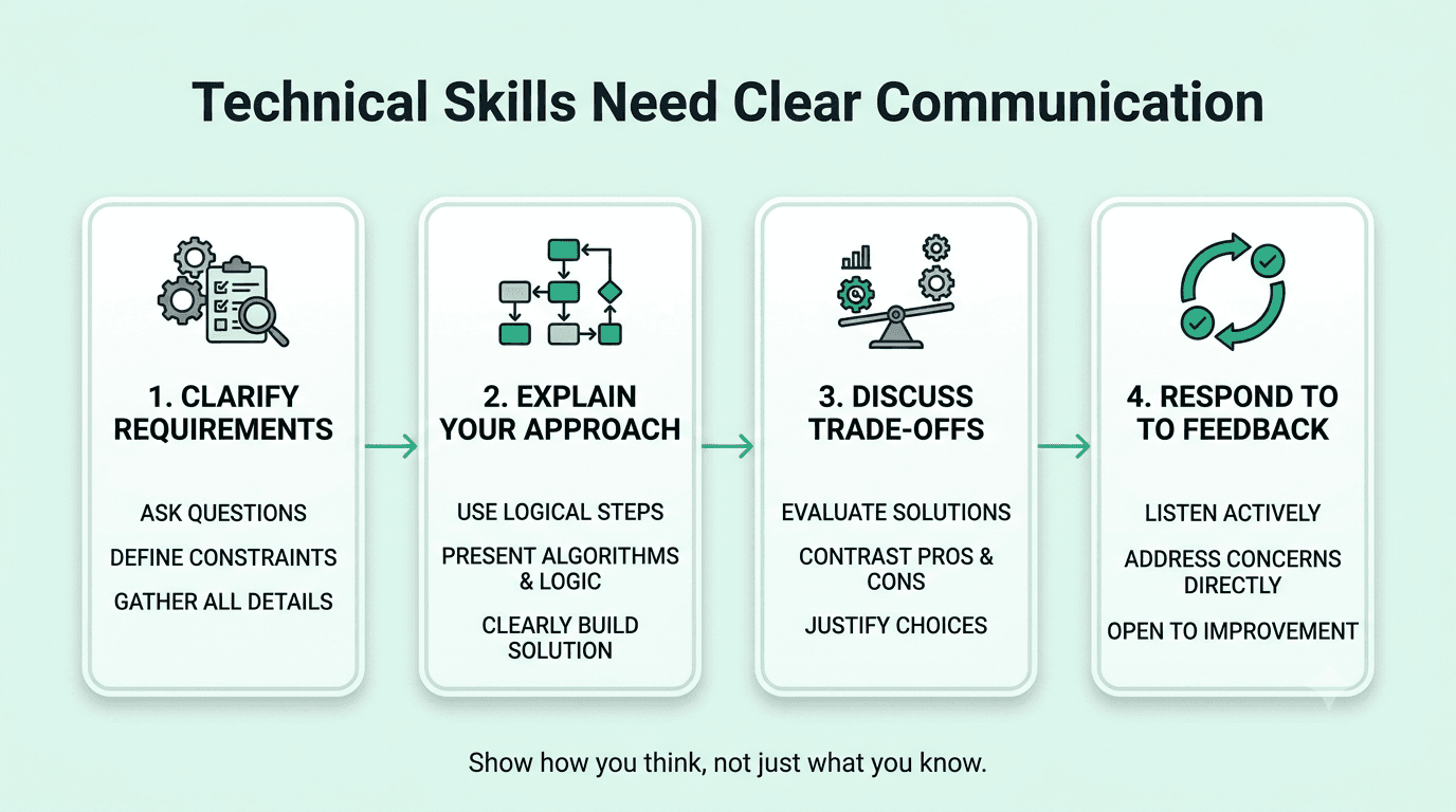 Technical communication framework for Java developers covering problem explanation, design trade-offs, code walkthroughs, and collaboration.