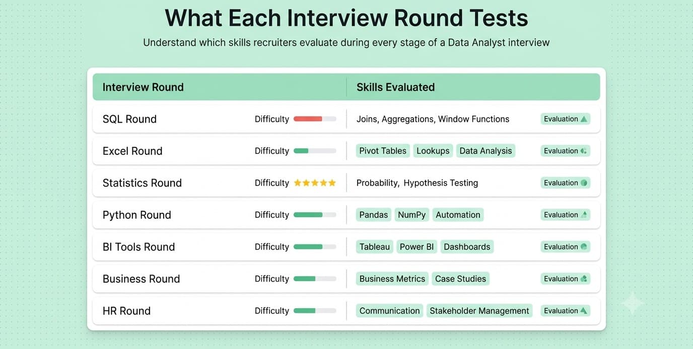 Skills evaluated in each stage of a Data Analyst interview.