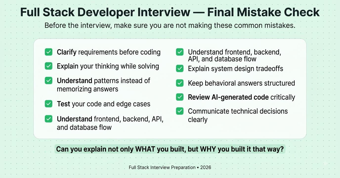 Full stack developer interview mistake prevention checklist for 2026