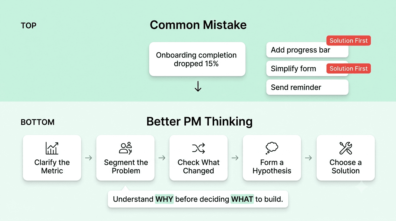 Product management problem-solving flow showing why PMs should clarify, segment, investigate, and form a hypothesis before proposing solutions.