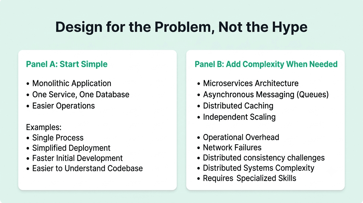Comparison of simple Java application architecture and overengineered systems, highlighting the trade-offs of microservices, caching, and additional infrastructure.