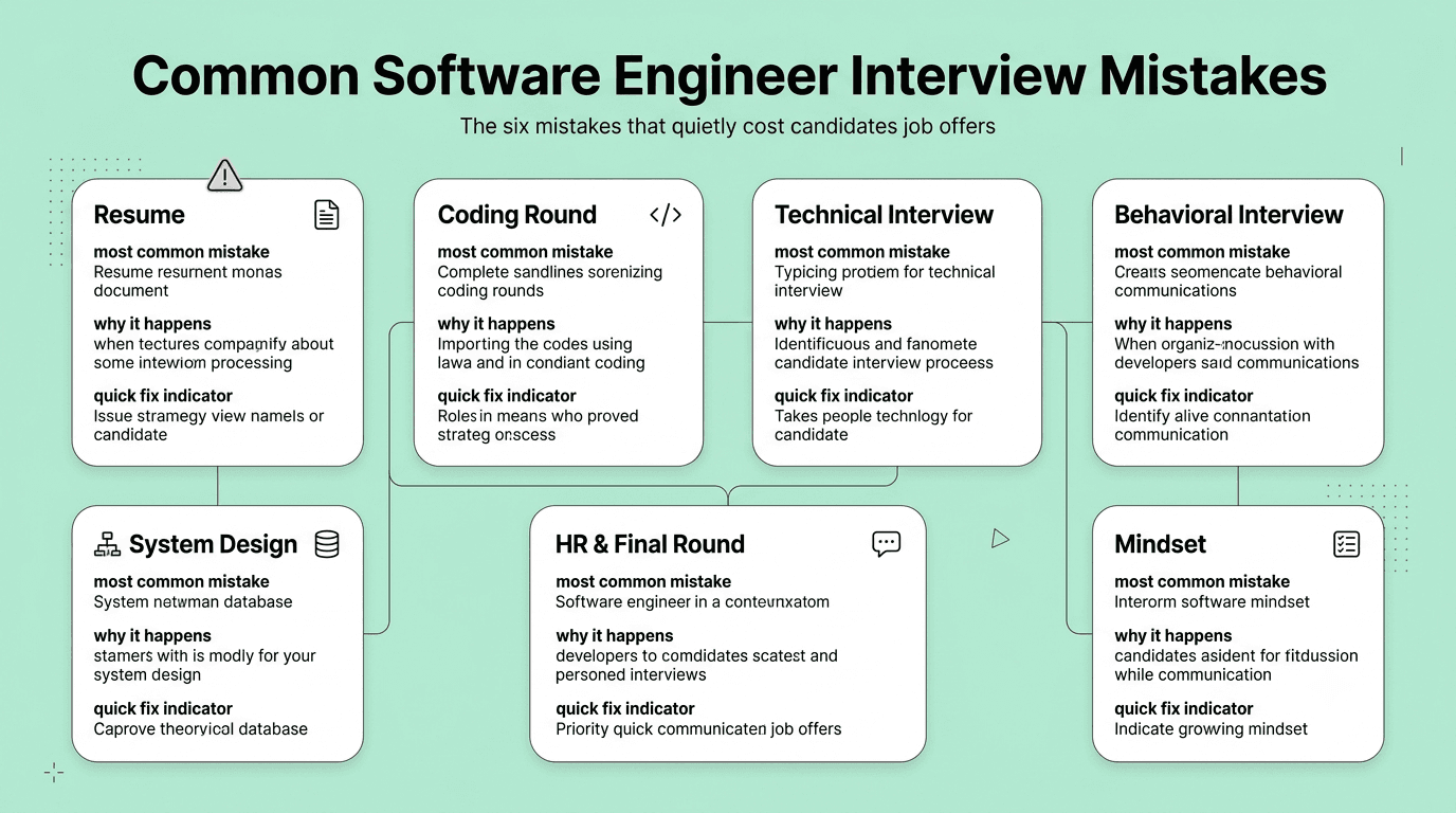 Framework showing the most common software engineer interview mistakes across resume, coding, technical, behavioral, system design, HR and mindset. 