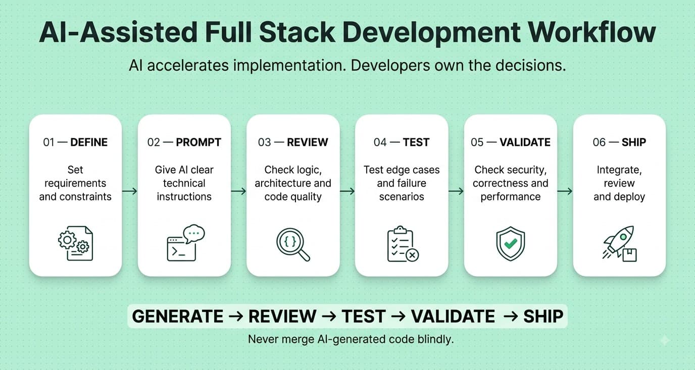 AI assisted full stack development workflow showing prompting code review testing validation and deployment