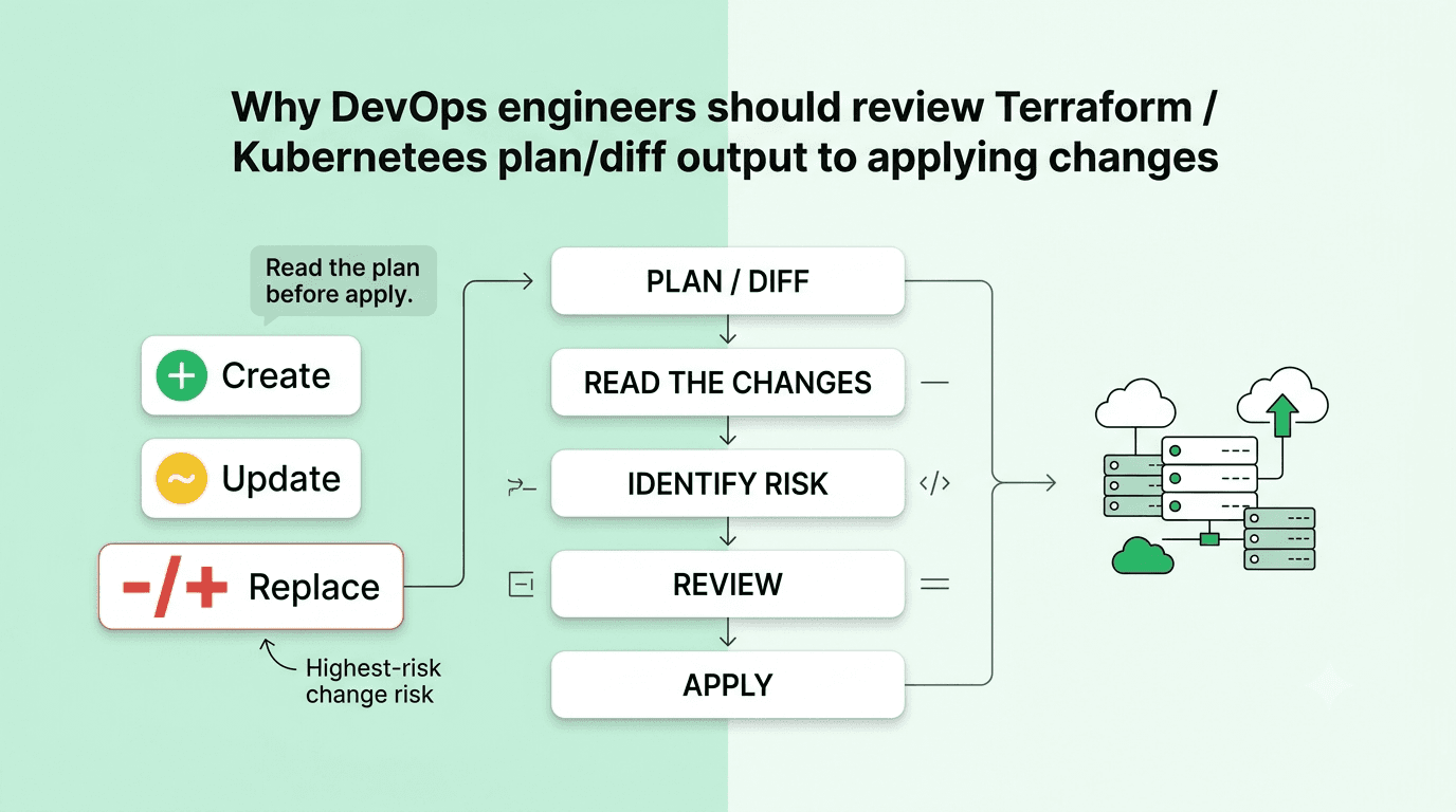 “Terraform and Kubernetes plan review workflow showing create, update, and replace changes before applying infrastructure changes.”