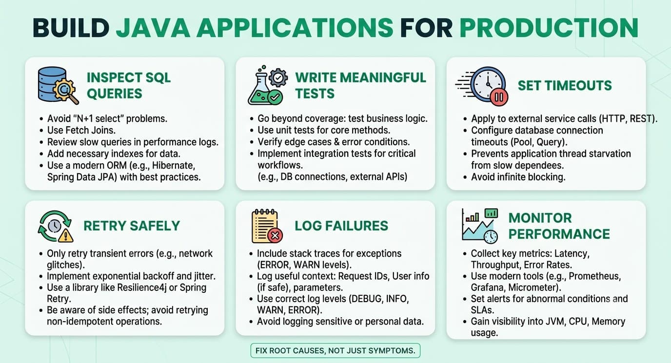 Java production-readiness checklist covering SQL query analysis, automated testing, timeouts, safe retries, logging, and performance monitoring.