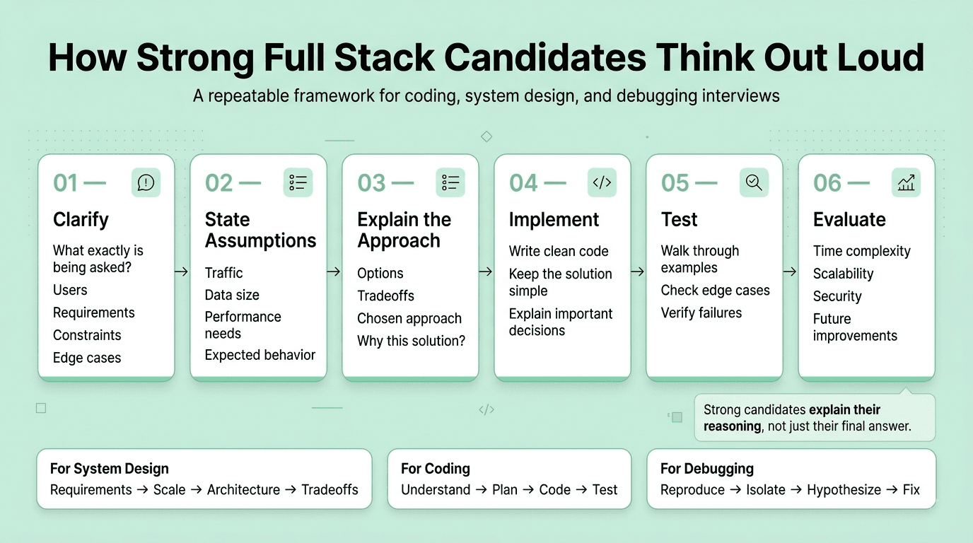 Full Stack Developer interview problem-solving framework showing clarification, assumptions, approach, implementation, testing, and tradeoffs.