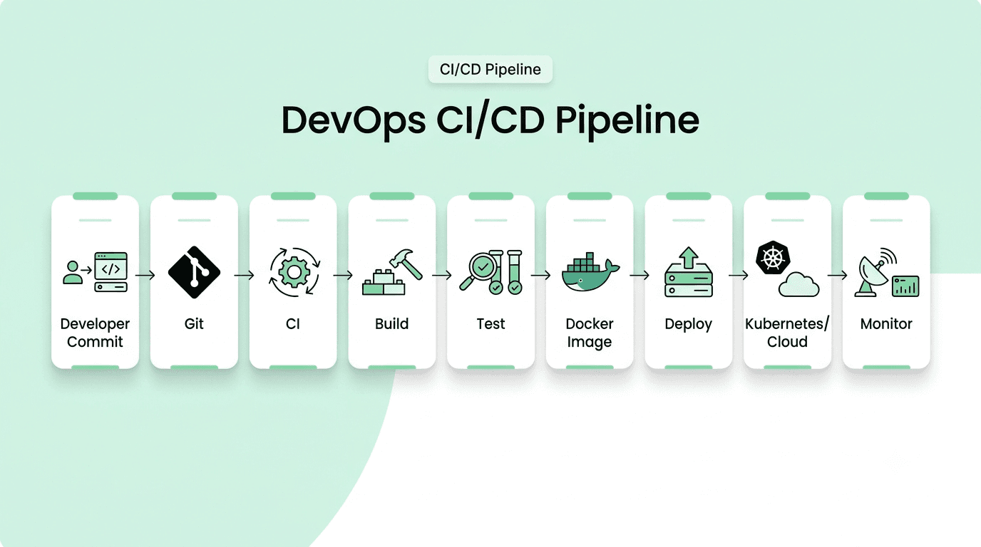 DevOps CI/CD pipeline from code commit and testing to deployment and monitoring