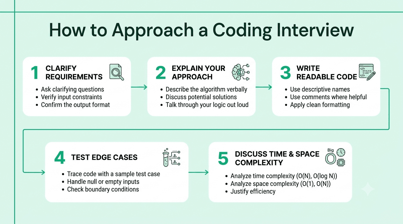Five-step coding interview approach for Java developers, from clarifying requirements and explaining logic to testing edge cases and discussing complexity.
