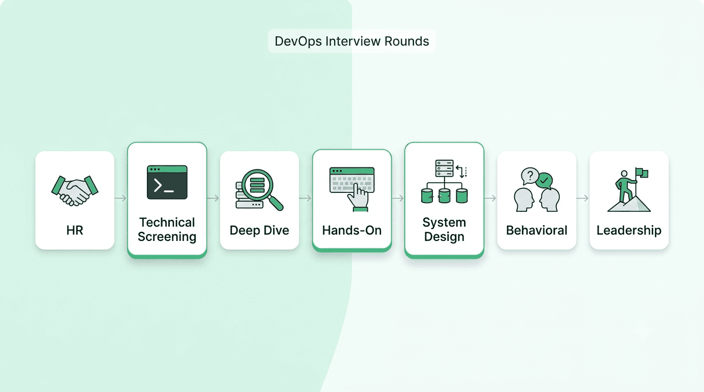 DevOps interview rounds from HR screening to technical, hands-on, system design, and leadership