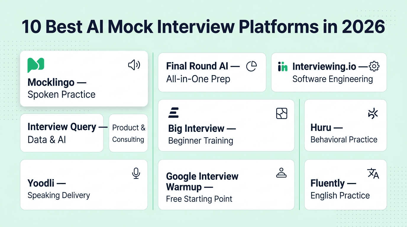 Comparison of 10 AI mock interview platforms in 2026, including their main strengths and ideal users.