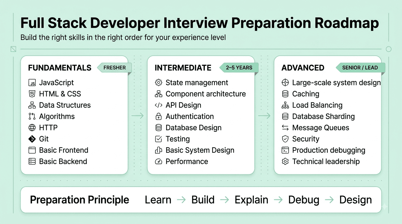 Full Stack Developer interview preparation roadmap showing fundamentals, intermediate skills, advanced system design, security, performance, and leadership.