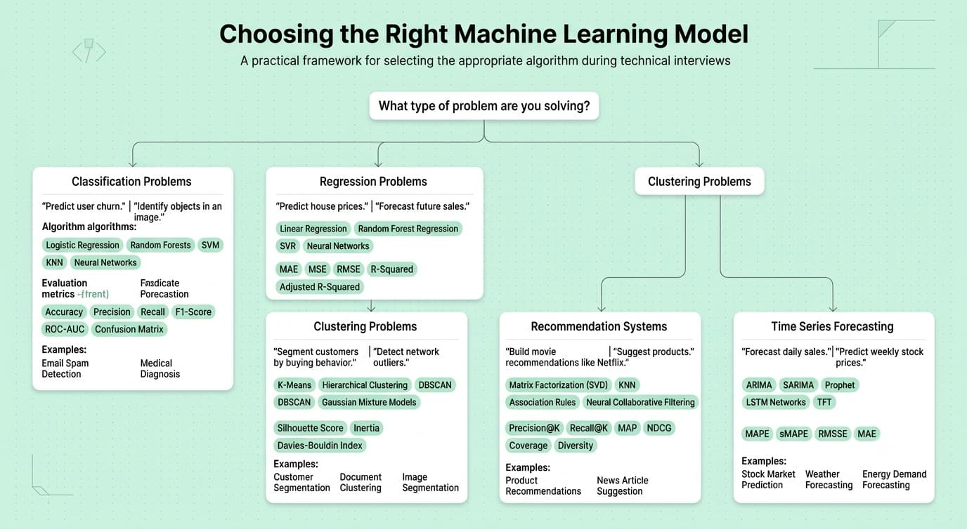 Decision framework for selecting the appropriate machine learning model based on the problem type.