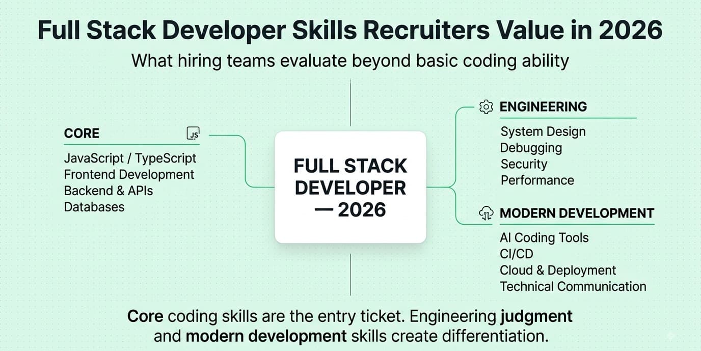 Full stack developer skills recruiters prioritize in 2026 including frontend backend databases system design AI and communication