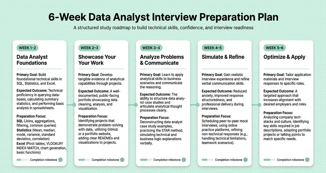 Six-week roadmap to prepare for a data analyst interview.