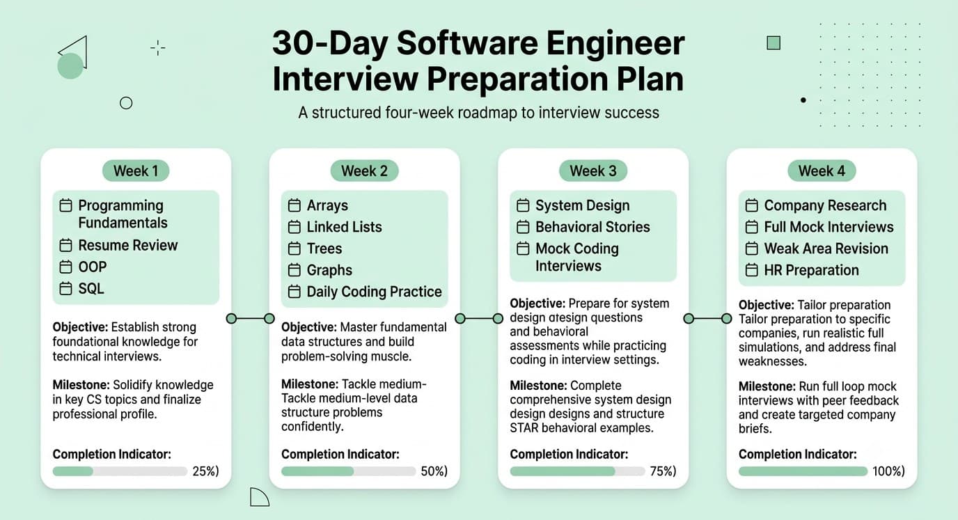 30-day software engineer interview preparation timeline divided into four weekly milestones.